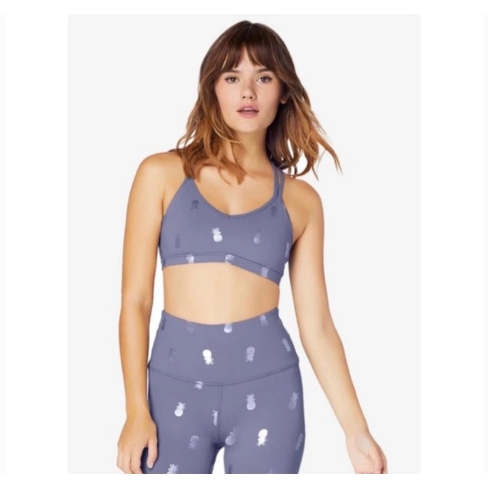 Beyond Yoga Metallic Pineapple Print Sports Bra Strappy Purple XL
